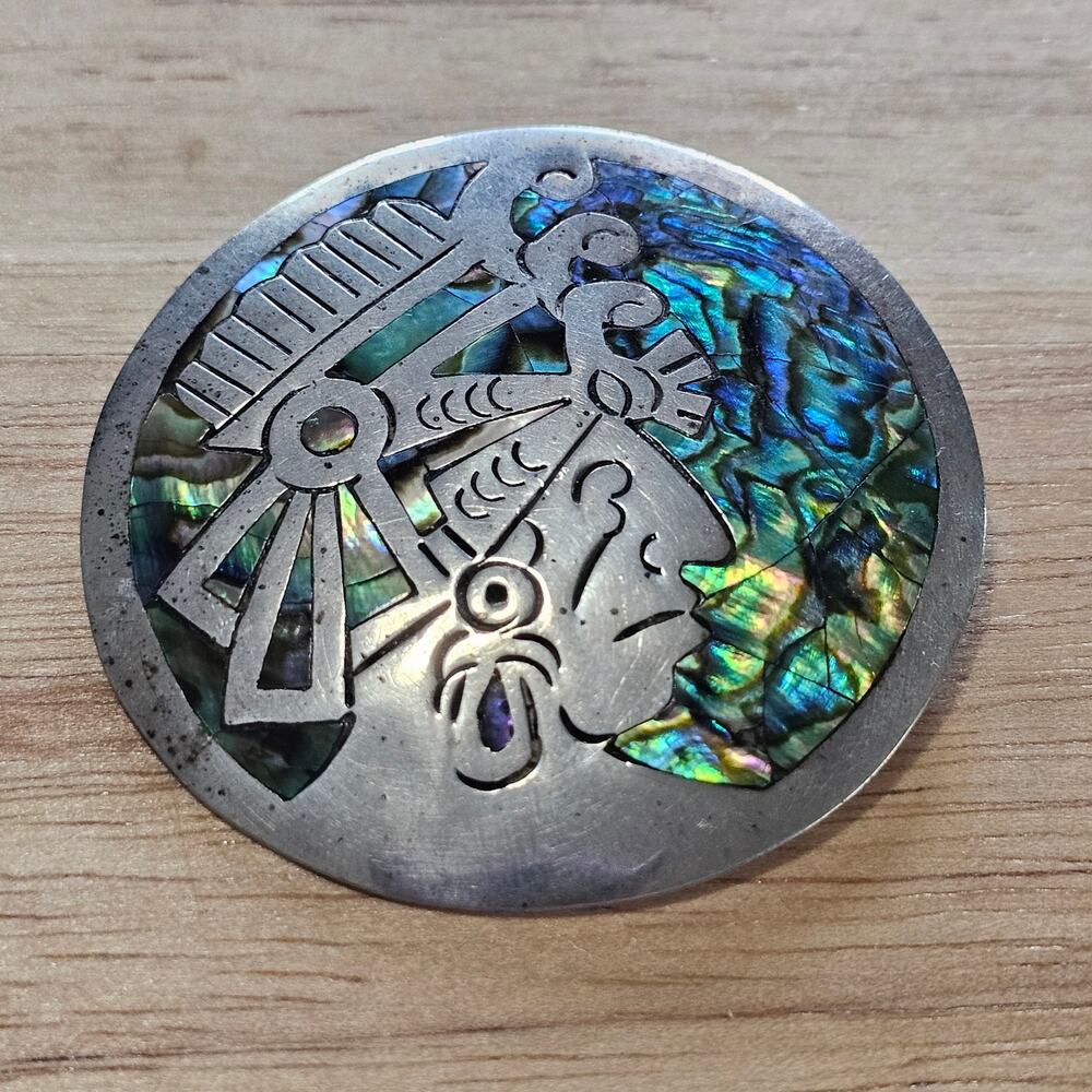 Vintage Narvaez Taxco Sterling Silver & Abalone Aztec Warrior Brooch & Pendant